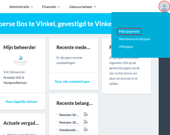 Twinq dashboard met profiel en mijn gegevens gemarkeerd